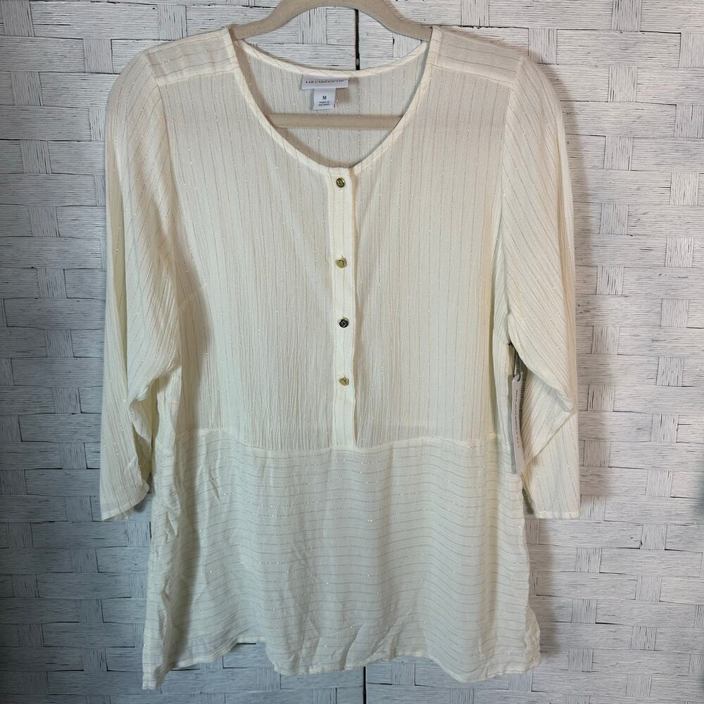Liz Claiborne women's peasant blouse white gold pinstripe‎ boho coastal grandma